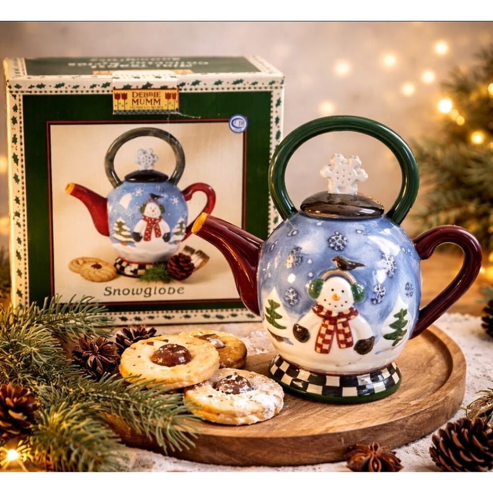 Debbie Mumm Snowglobe Mini Teapot Snowman Winter Sakura Boxed Decor 6.5"